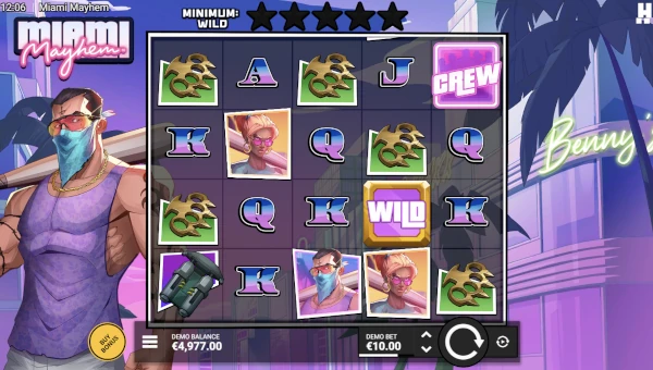 Miami Mayhem base game screenshot showing reels and features