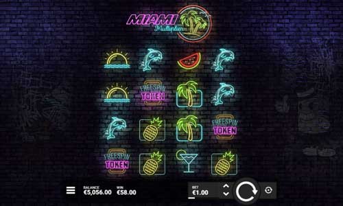 Miami Multiplier base game screenshot showing reels and features