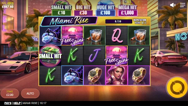Miami Rise base game screenshot showing reels and features