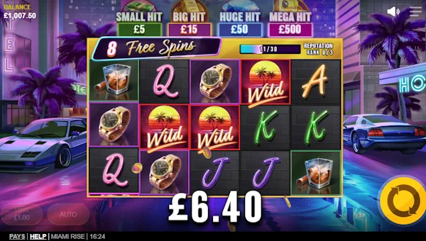 Screenshot of Miami Rise slot demo showing reels and bonus game features