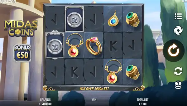 Midas Coins base game screenshot showing reels and features