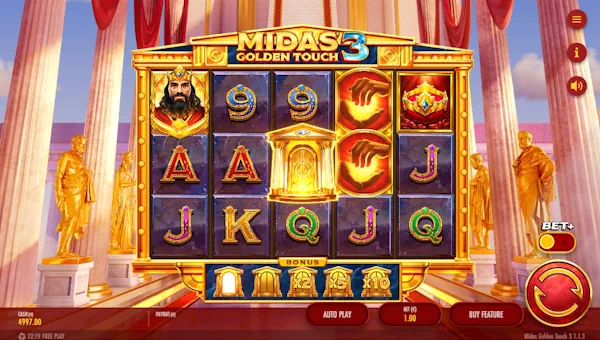 Midas Golden Touch 3 base game screenshot showing reels and features