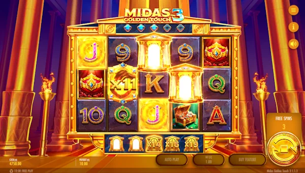 Screenshot of Midas Golden Touch 3 slot demo showing reels and bonus game features