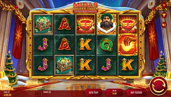 Midas Golden Touch Christmas Edition base game screenshot showing reels and features