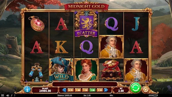 Midnight Gold base game screenshot showing reels and features