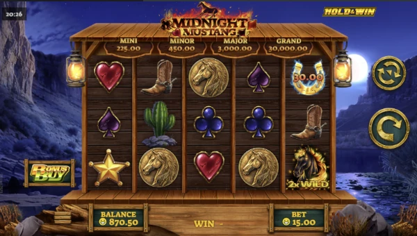 Midnight Mustang base game screenshot showing reels and features