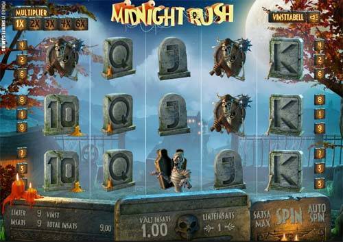 Midnight Rush base game screenshot showing reels and features