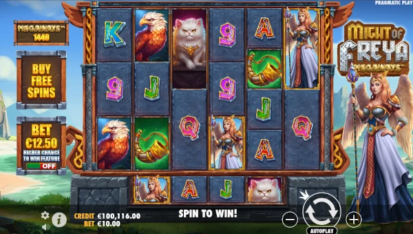 Might of Freya Megaways base game screenshot showing reels and features
