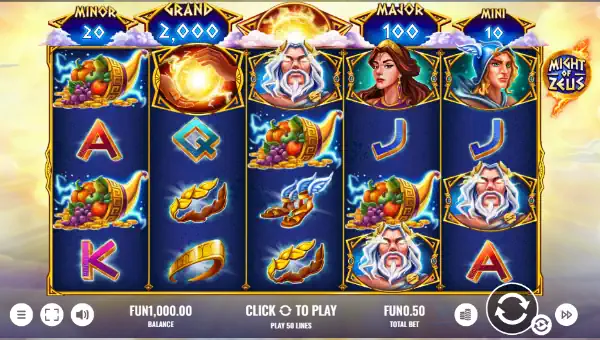Might of Zeus base game screenshot showing reels and features