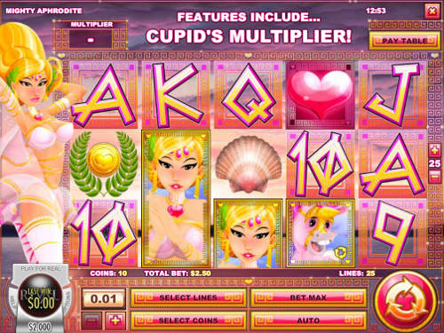 Mighty Aphrodite base game screenshot showing reels and features