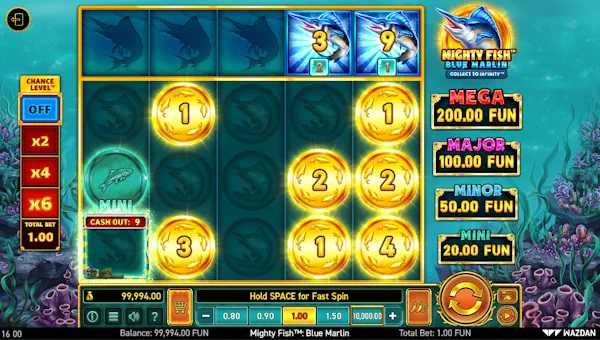 Mighty Fish Blue Marlin base game screenshot showing reels and features