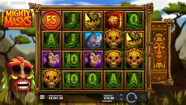 Mighty Masks base game screenshot showing reels and features