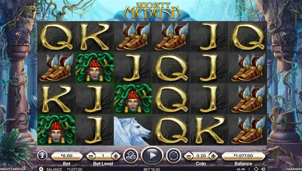 Mighty Medusa base game screenshot showing reels and features