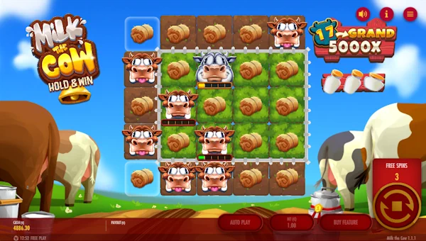 Screenshot of Milk the Cow slot demo showing reels and bonus game features