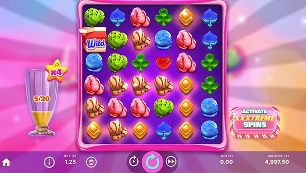 Milkshake XXXtreme base game screenshot showing reels and features