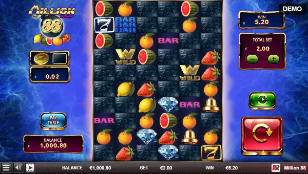Million 88 base game screenshot showing reels and features