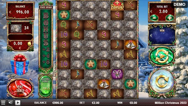 Million Christmas 2023 base game screenshot showing reels and features