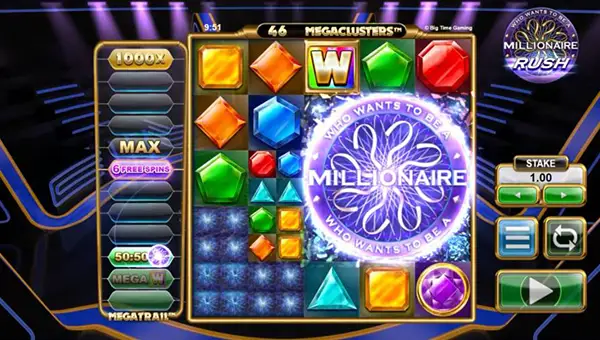 Millionaire Rush base game screenshot showing reels and features