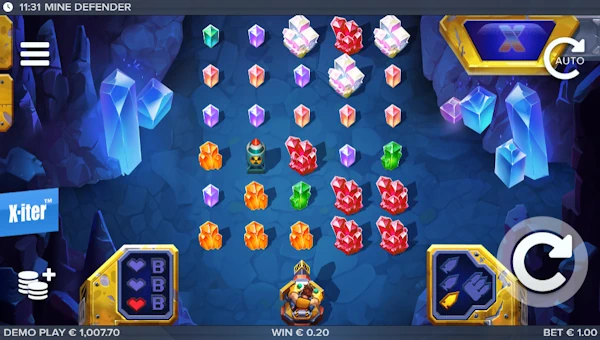 Mine Defender base game screenshot showing reels and features
