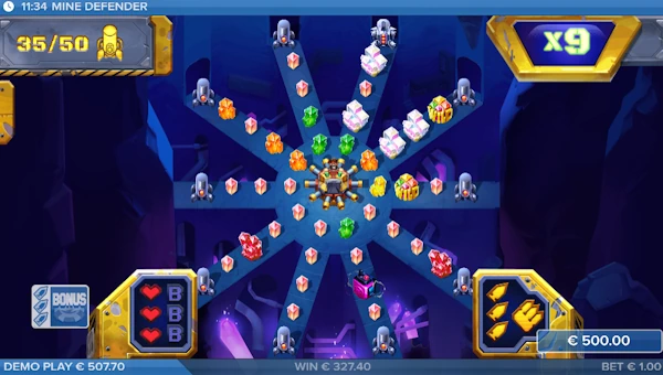 Screenshot of Mine Defender slot demo showing reels and bonus game features