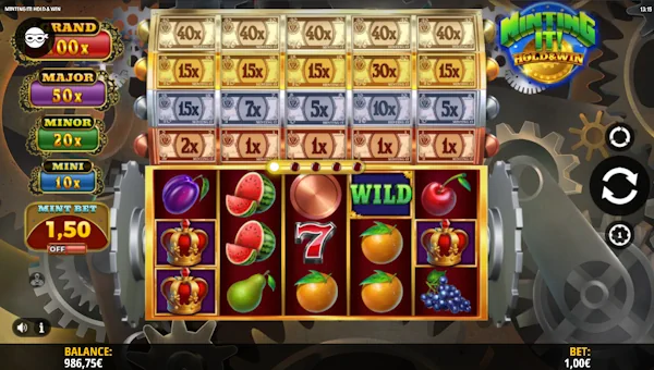Minting It Hold and Win base game screenshot showing reels and features
