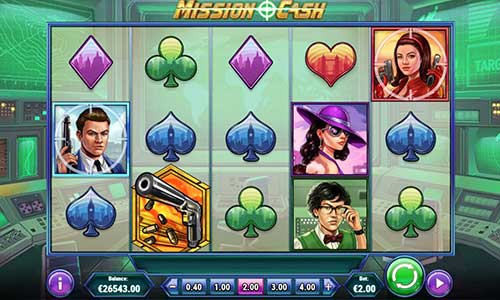Mission Cash base game screenshot showing reels and features