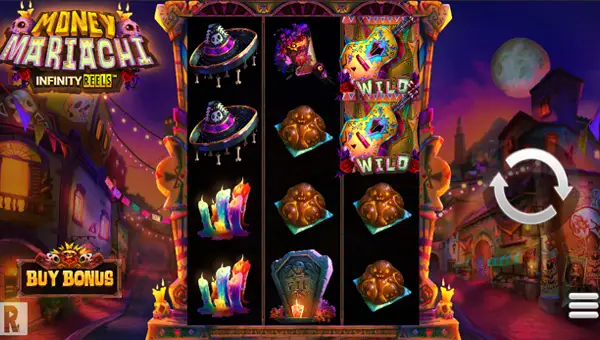 Money Mariachi Infinity Reels base game screenshot showing reels and features