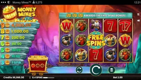 Money Mines base game screenshot showing reels and features