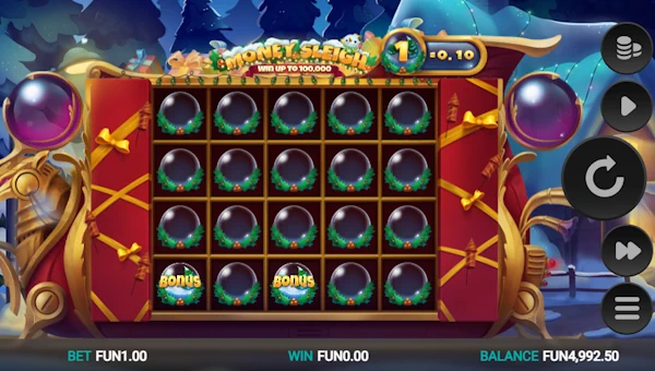 Money Sleigh base game screenshot showing reels and features