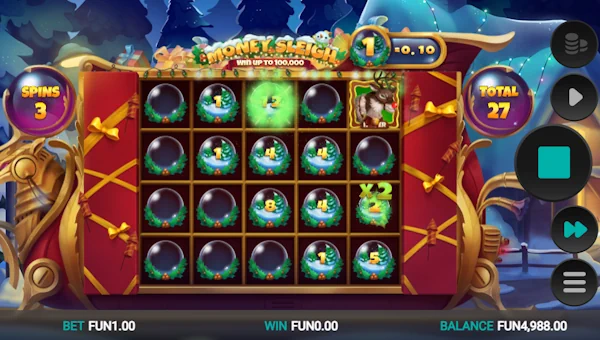 Screenshot of Money Sleigh slot demo showing reels and bonus game features