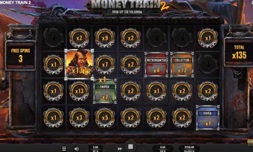 Money Train 2 base game screenshot showing reels and features