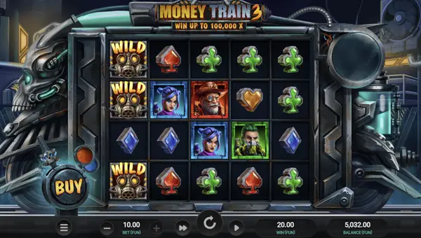 Money Train 3 base game screenshot showing reels and features