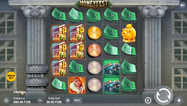 Moneyfest base game screenshot showing reels and features