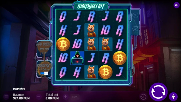 Moneyscript base game screenshot showing reels and features