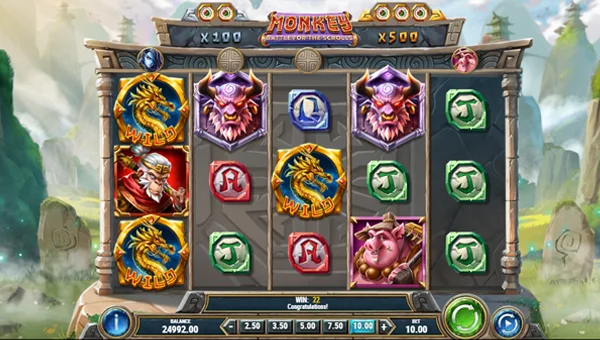 Monkey Battle for the Scrolls base game screenshot showing reels and features