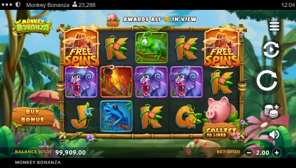 Monkey Bonanza base game screenshot showing reels and features