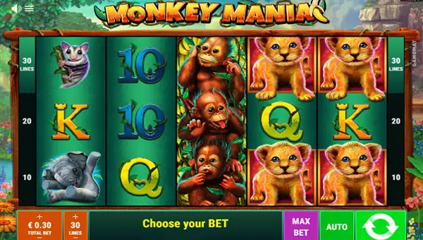Monkey Mania base game screenshot showing reels and features
