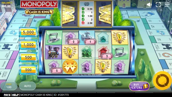 Monopoly Cash is King base game screenshot showing reels and features