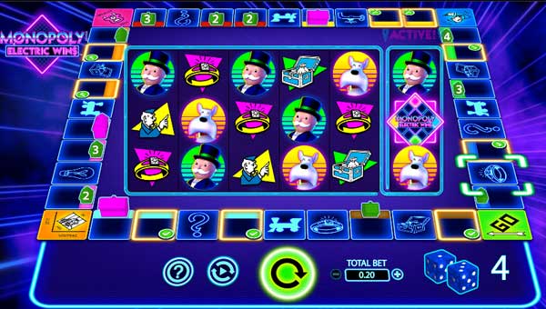 Monopoly Electric Wins base game screenshot showing reels and features
