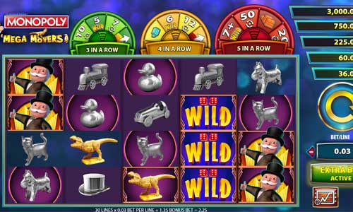 Monopoly Mega Movers base game screenshot showing reels and features