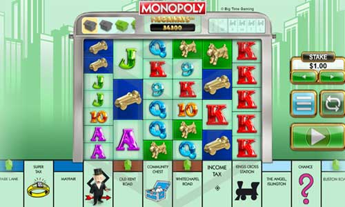 Monopoly Megaways base game screenshot showing reels and features