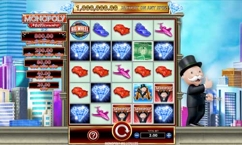 Monopoly Millionaire base game screenshot showing reels and features
