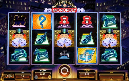 Monopoly Once Around Deluxe base game screenshot showing reels and features