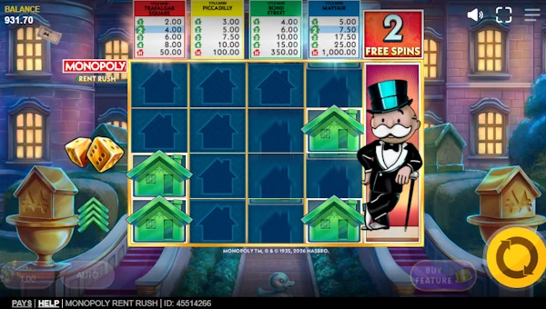 Screenshot of Monopoly Rent Rush slot demo showing reels and bonus game features