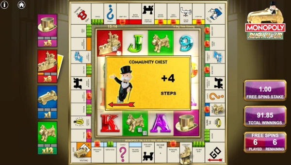 Screenshot of Monopoly Rush Hour slot demo showing reels and bonus game features