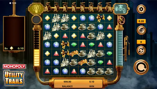 Monopoly Utility Trails base game screenshot showing reels and features