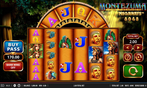 Montezuma Megaways base game screenshot showing reels and features
