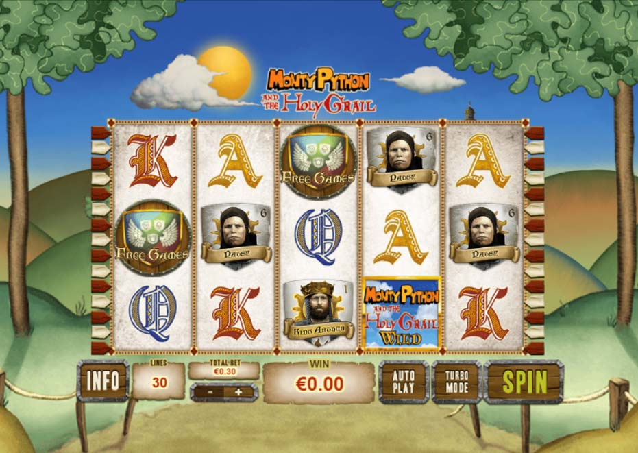Monty Pythons Holy Grail base game screenshot showing reels and features