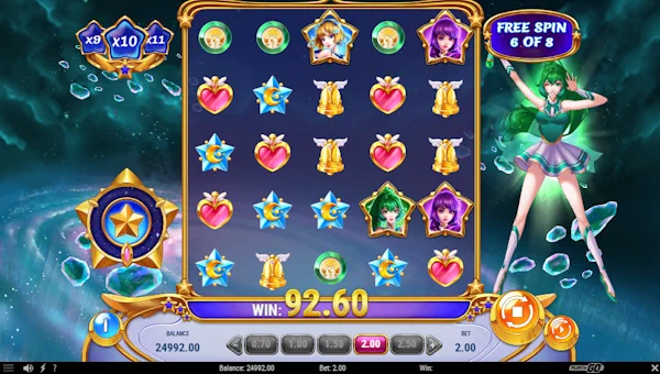 Screenshot of Moon Princess Stargazing slot demo showing reels and bonus game features