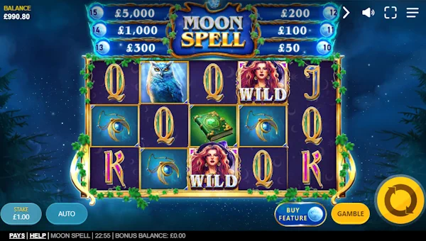 Moon Spell base game screenshot showing reels and features